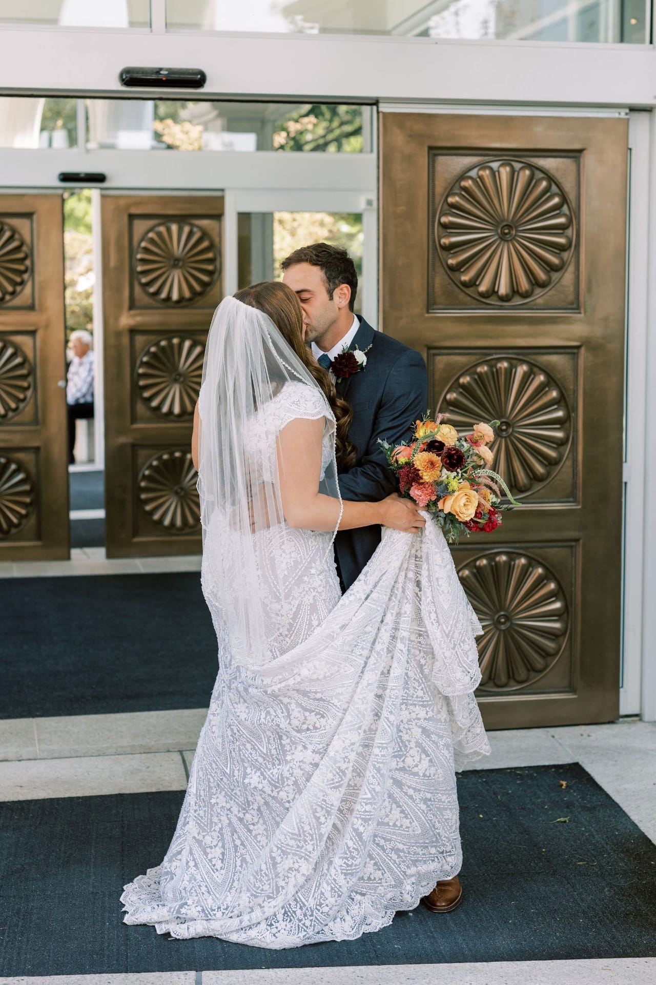 Editorial wedding portrait at golden hour