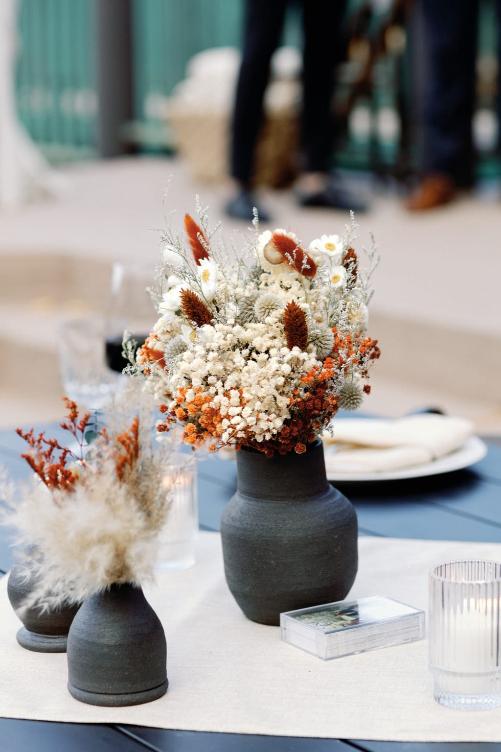 The reception tablescape with dried fall florals, private Sundance residence